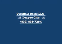 Blue graphic with "Overhead Doors LLC, League City, (832) 838-7264" in white text.