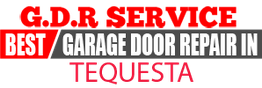 Text image: "Best Garage Door Repair in Tequesta" in bold red and white letters.