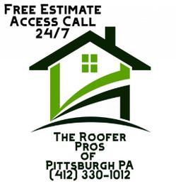 House-shaped logo with contact info for "The Roofer Pros of Pittsburgh PA" offering 24/7 estimates.