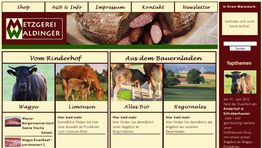 Website der Metzgerei Waldinger mit Angeboten wie Wagyu und Bio-Produkten vom Bauernhof.