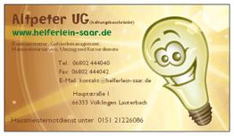 Geschäftskarte, Glühbirnen-Illustration, Kontaktdaten und Website von Helferlein-Saar.