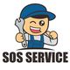 Disegno di un tecnico che strizza l'occhio con chiave inglese. Testo: "SOS Service".