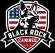 Shield-shaped logo of a dog, USA flag, text "Black Rock Canines" with "U.S.A" below.