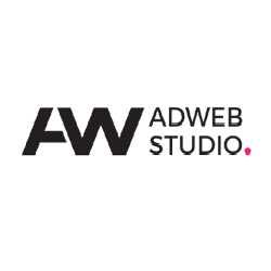 Logo with "AW" and "ADWEB STUDIO" in black text, pink dot at the end.