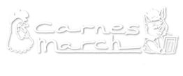 Logotipo de Carnes March con dibujos de gallina y cerdo leyendo un libro.