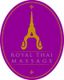 Lila-Emblem mit goldener thailändischer Grafik, darunter der Text: "Royal Thai Massage".