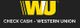 Western Union logo with text: Check Cash - Western Union, on a black background.