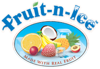 Logo of Fruit-n-Ice with fruit illustrations: orange, banana, coconut, pineapple, and strawberry.