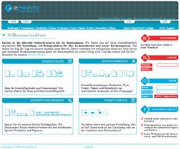 Website einer Online-Druckerei mit Angeboten und Produktoptionen in einer blau-weißen Farbgestaltung.