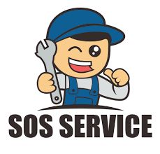 Disegno di un tecnico che strizza l'occhio con chiave inglese. Testo: "SOS Service".
