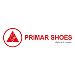 Logotipo de Primar Shoes con un triángulo rojo y la frase "el placer de comprar".