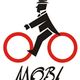 Logo con uomo stilizzato in bici, cerchi rossi e scritta "MOBI" sotto.
