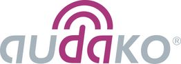 Logo mit Schriftzug „audako“ in Grau und Rosa, darüber bogenförmiges rosa Symbol.