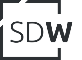 "SdW-Logo mit stilisiertem schwarzem Rahmen und Buchstaben SDW in der Mitte, moderner Stil."