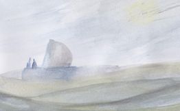 Aquarell von Landschaft mit Hügeln und einem großen Fels auf der linken Seite. Wolken am Himmel.