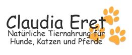 Logo: Claudia Eret mit Pfotenabdrücken, Tiernahrung für Hunde, Katzen und Pferde.