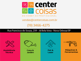 Cartão de visita colorido da Center Coisas com informações de contato e setores de atuação.
