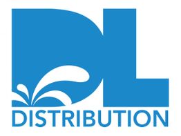 Blaues Logo mit Buchstaben "DL" und dem Wort "Distribution", daneben Wasserspritzer-Design.