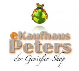 Logo mit Text "eKaufhaus Peters - der Genießer-Shop", darüber ein Frosch auf einem Globus.