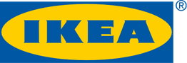 Logo van IKEA met blauwe tekst op een gele ovaal en blauwe achtergrond.