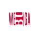 Red and white Wega logo with mirrored letters and geometric shapes.