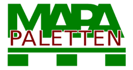 Grünes Logo mit Schriftzug "MAJA PALETTEN" in Rot, darunter stilisierte Palettengrafik.