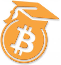 Oranje bitcoin-symbool met een academische hoed er bovenop.