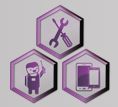 Drei lila Icons: Werkzeuge, ein Arbeiter und ein Smartphone, in sechseckigen Rahmen.