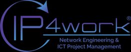 Logo IP4work blu con testo "Network Engineering & ICT Project Management" su sfondo nero.