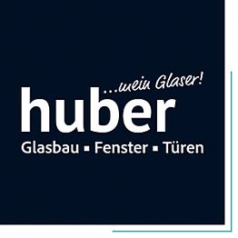 Logo von Huber: "mein Glaser!" für Glasbau, Fenster, Türen auf dunkelblauem Hintergrund.