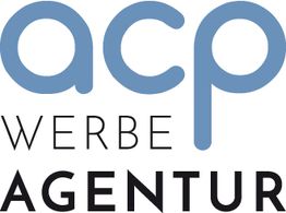 Logo mit großem, blauem Text "acp" und darunter "Werbeagentur" in schwarzer Schrift.