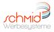 Logo mit Text "schmid Werbesysteme" und geschwungenen Linien in Blau- und Orangetönen.