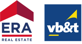 Logo met tekst: "vb&t", blauwe en rode kleuren met gele accenten.