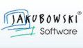 Logo mit Text "Jakubowski Software" und blauen, grünen Linien im Hintergrund.