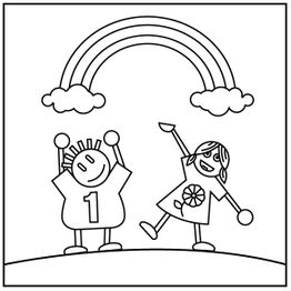 Zwei fröhliche Kinder unter einem Regenbogen. Ein Kind trägt ein T-Shirt mit der Nummer eins.