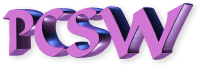 "3D-Logo mit dem Schriftzug 'PCSW' in lila-blauen Buchstaben auf weißem Hintergrund."