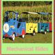 Toy train ride with colorful cars on a grassy field, labeled "Mechanical Rides."