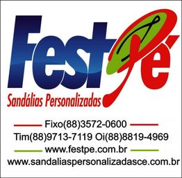 Logotipo da Fest Pé com contatos telefônicos e sites para vendas de sandálias personalizadas.