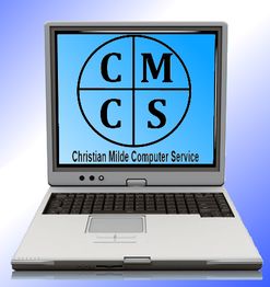 Ein Laptop mit einem Logo und der Aufschrift "Christian Milde Computer Service" auf dem Bildschirm.