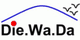 Logo mit Schriftzug "Die.Wa.Da", blauer Bogen, rotem Punkt und drei stilisierten Vögeln.