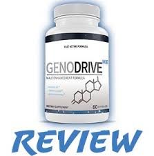 GenoDrive male enhancement supplement bottle with "Review" text below.