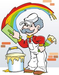 Karikatur eines Malers mit Pinsel und Farbroller, der Regenbogen malt, daneben Eimer mit Farbe.