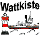 "Wattkiste-Schriftzug mit rotem Leuchtturm und Schiff auf Wellen."