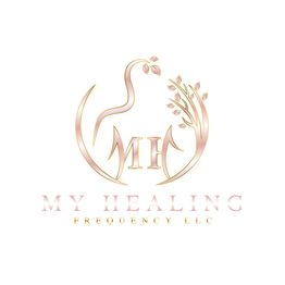 Golden "MH" logo with stylized bird and tree; text reads "MY HEALING FREQUENCY LLC."