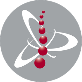 Weiße Atomstruktur und rote Kugeln auf grauem Hintergrund.