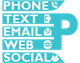 Icons and labels for communication: phone, text, email, web, social, with a large letter "P."