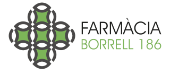 Logo de Farmàcia Borrell 186 con un diseño de cruz verde y negro.
