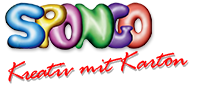 Textlogo: "SPONGO" in bunten Buchstaben, darunter "Kreatives mit Karton" in roter Schrift.