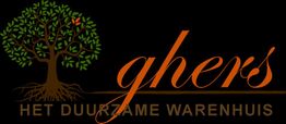 Boomlogo met tekst "Ghers, het duurzame warenhuis" in oranje op zwarte achtergrond.