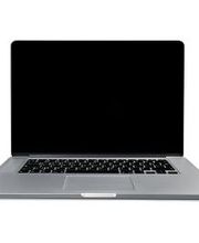 Laptop con pantalla negra y teclado en fondo blanco.
